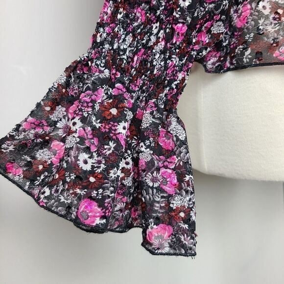 Zara Black & Pink Floral Mock Neck Peplum Blouse XS - Picture 7 of 16